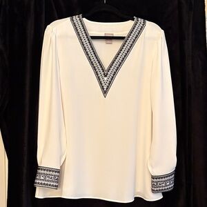 Chico's White Blouse with Black Embroidery